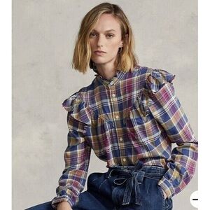 Polo Ralph Lauren Ruffle-Trim Plaid Button-Front Shirt Cottagecore Academia 2
